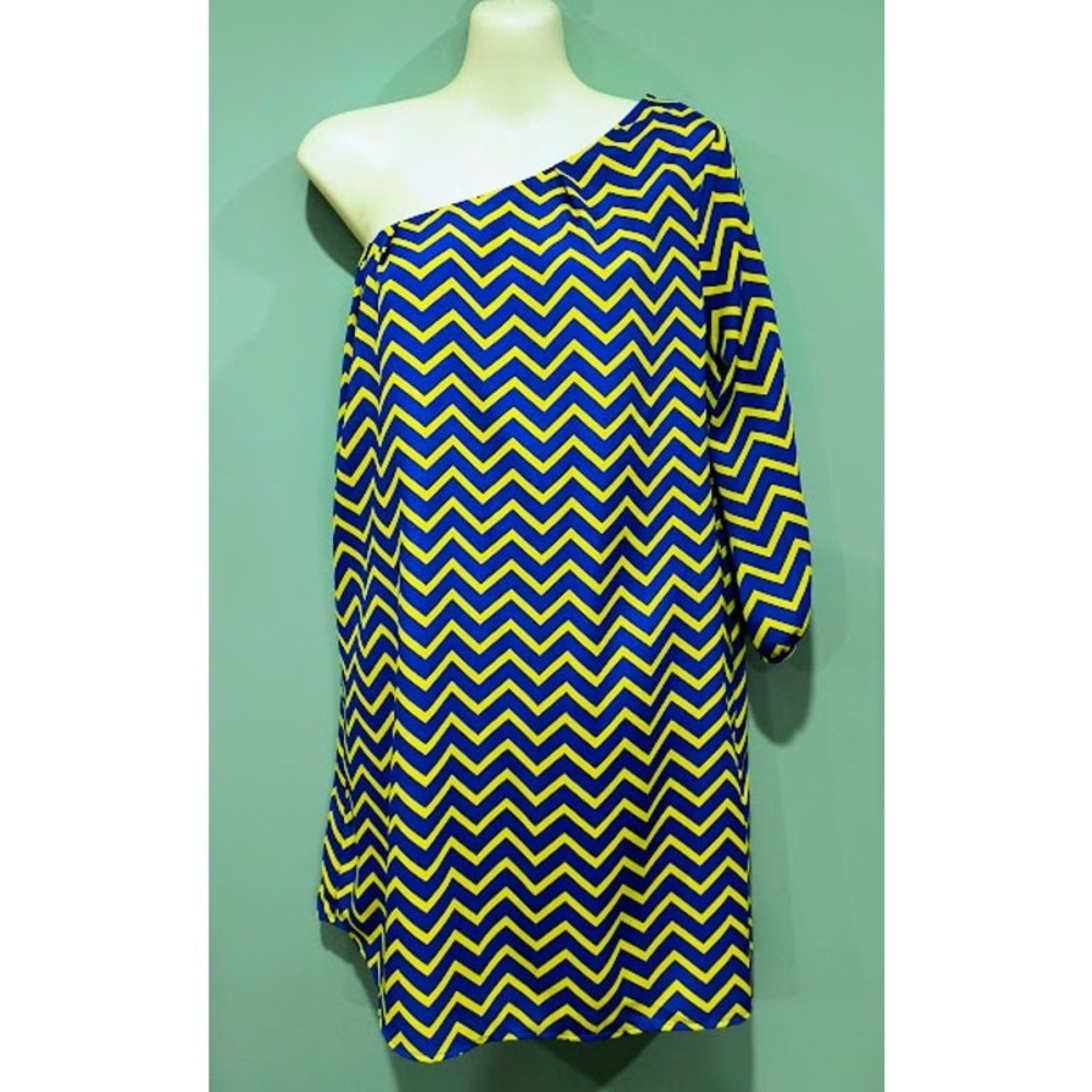 CocoLove Blue & Lime Chevron One Sleeve Mini Dress‎ - M